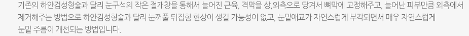 기존의 하안검성형술과 달리 눈구석의 작은 절개창을 통해서 늘어진 근육, 격막을 상,외측으로 당겨서 뼈막에 고정해주고, 늘어난 피부만큼 외측에서 제거해주는 방법으로 하안검성형술과 달리 눈꺼풀 뒤집힘 현상이 생길 가능성이 없고, 눈밑애교가 자연스럽게 부각되면서 매우 자연스럽게 눈밑 주름이 개선되는 방법입니다.