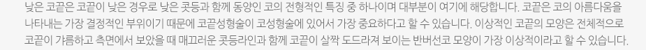 낮은 코끝은 코끝이 낮은 경우로 낮은 콧등과 함께 동양인 코의 전형적인 특징 중 하나이며 대부분이 여기에 해당합니다. 코끝은 코의 아름다움을 나타내는 가장 결정적인 부위이기 때문에 코끝성형술이 코성형술에 있어서 가장 중요하다고 할 수 있습니다. 이상적인 코끝의 모양은 전체적으로 코끝이 갸름하고 측면에서 보았을 때 매끄러운 콧등라인과 함께 코끝이 살짝 도드라져 보이는 반버선코 모양이 가장 이상적이라고 할 수 있습니다. 