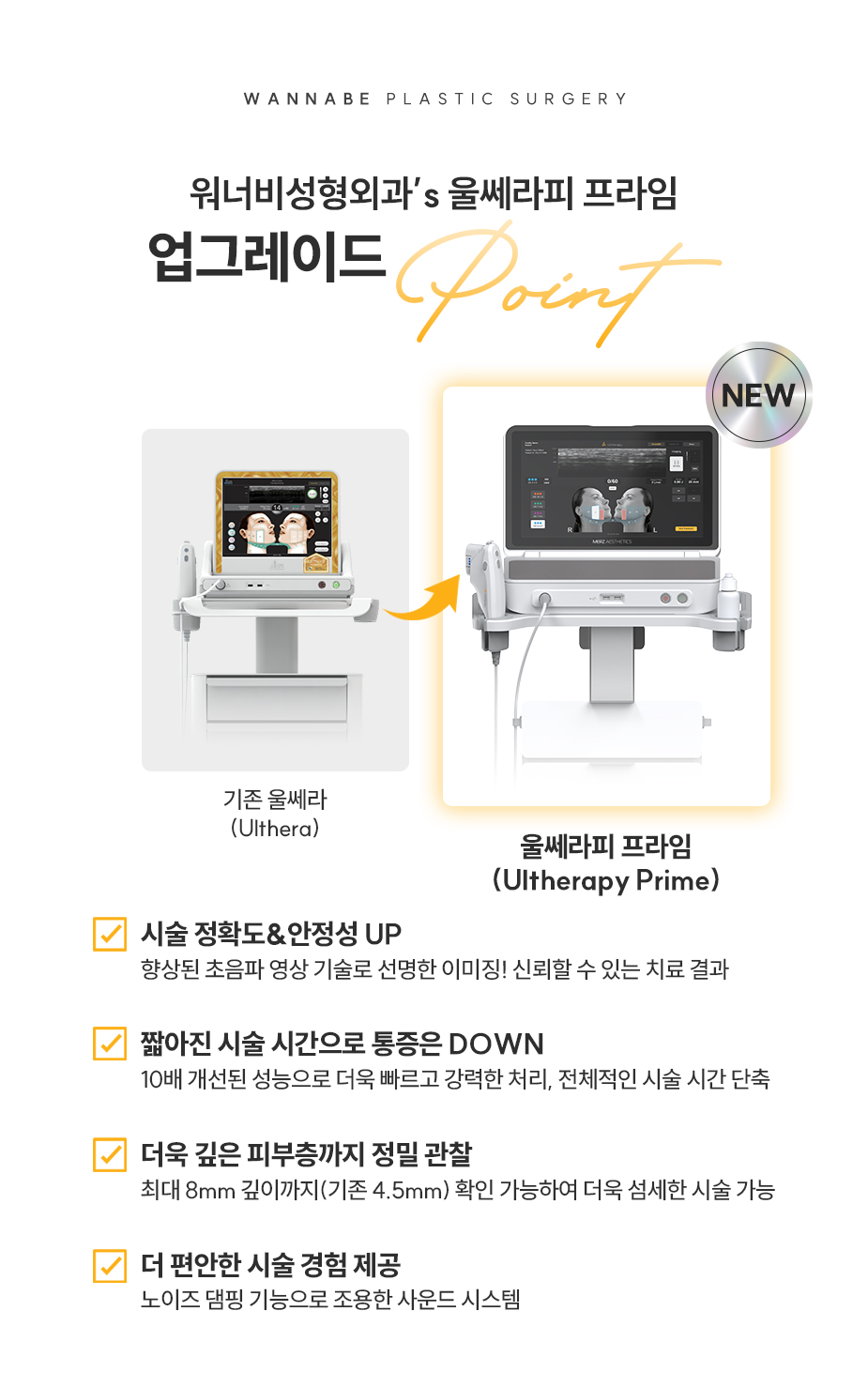 울쎄라피 프라임(Ultherapy Prime) 업그레이드 Point - 01.시술 정확도&안정성 UP, 02.짧아진 시술 시간으로 통증은 DOWN, 03.더욱 깊은 피부층까지 정밀 관찰, 04.더 편안한 시술 경험 제공.