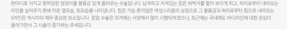 한마디로 처지고 펑퍼짐한 엉덩이를 볼륨감 있게 올려주는 수술입니다. 납작하고 처져있는 힙은 허벅지를 짧아 보이게 하고, 허리로부터 내려오는 라인을 살려주지 못해 미운 옆모습, 뒷모습을 나타냅니다. 힙은 가슴 못지않은 여성스러움의 상징으로 그 볼륨감과 허리로부터 힘으로 내려오는 S라인은 섹시미의 매우 중요한 요소입니다. 힙업 수술은 과거에는 서양에서 많이 시행되어졌으나, 최근에는 국내에도 바디라인에 대한 관심이 올라가면서 그 시술이 증가하는 추세입니다.